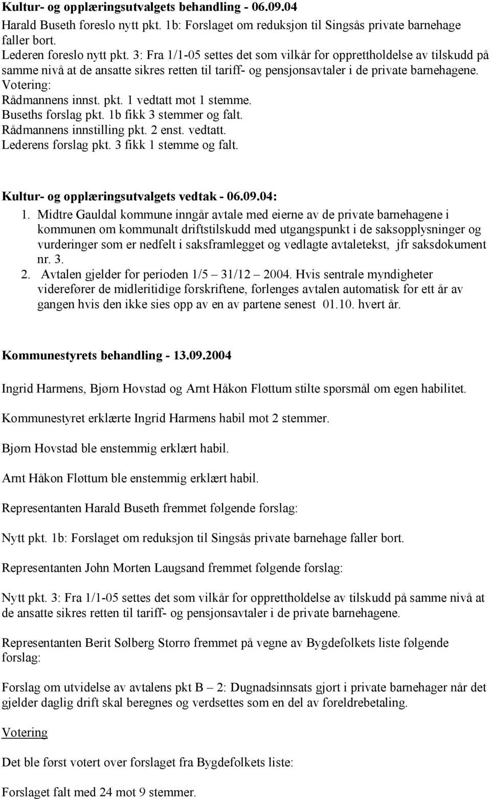 1 vedtatt mot 1 stemme. Buseths forslag pkt. 1b fikk 3 stemmer og falt. Rådmannens innstilling pkt. 2 enst. vedtatt. Lederens forslag pkt. 3 fikk 1 stemme og falt.