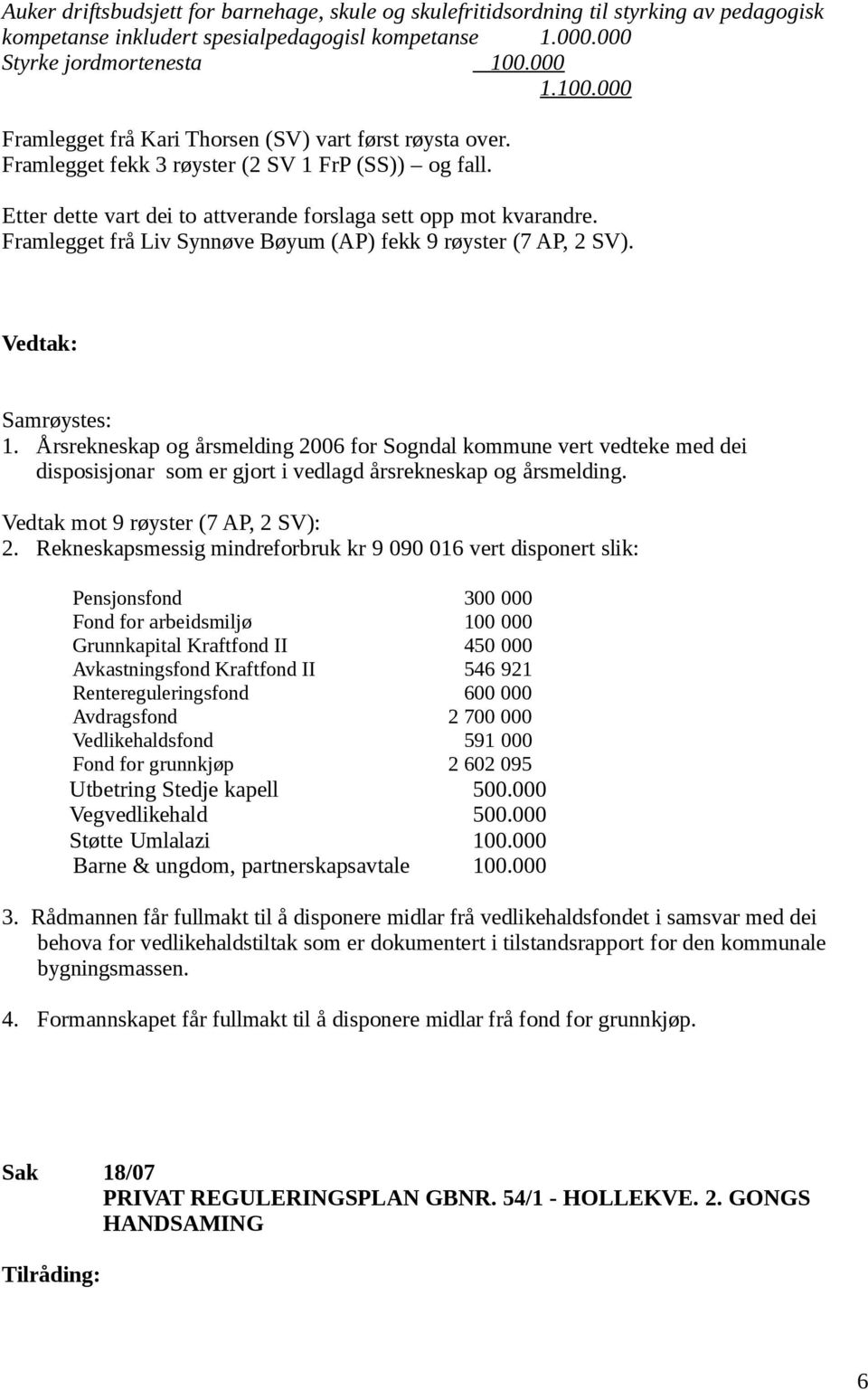 Framlegget frå Liv Synnøve Bøyum (AP) fekk 9 røyster (7 AP, 2 SV). Vedtak: Samrøystes: 1.