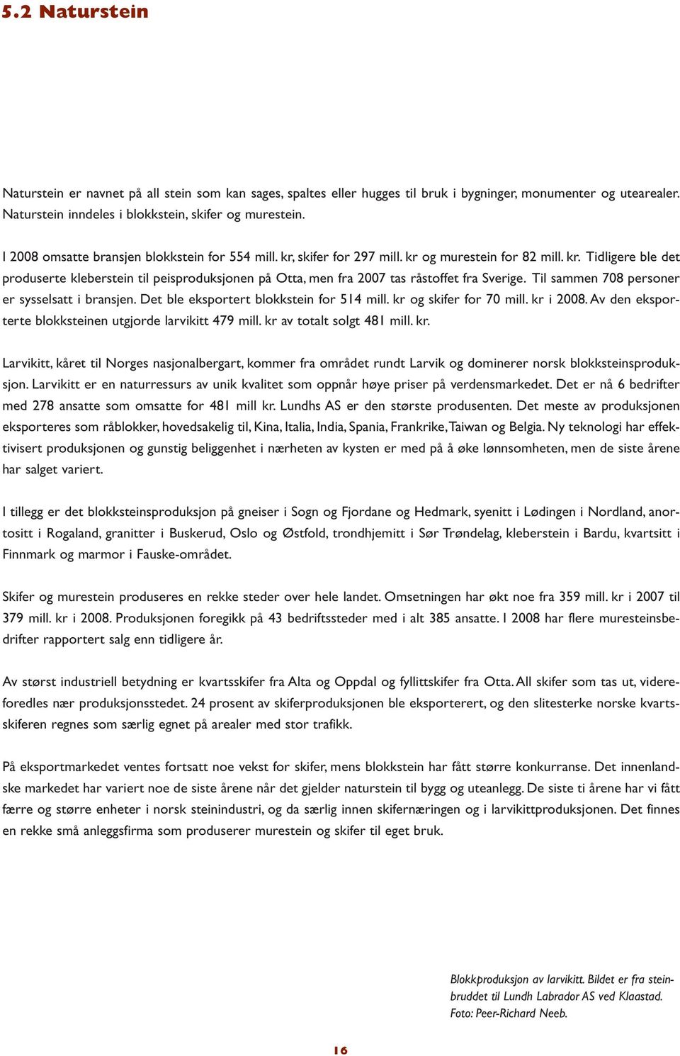 Til sammen 708 personer er sysselsatt i bransjen. Det ble eksportert blokkstein for 514 mill. kr og skifer for 70 mill. kr i 2008. Av den eksporterte blokksteinen utgjorde larvikitt 479 mill.