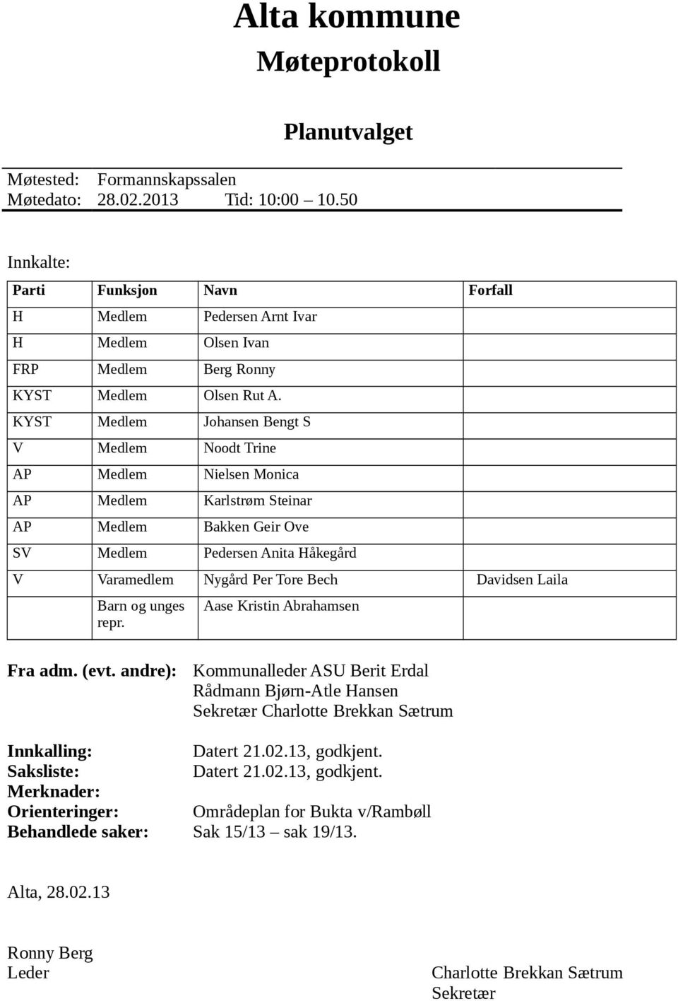 KYST Medlem Johansen Bengt S V Medlem Noodt Trine AP Medlem Nielsen Monica AP Medlem Karlstrøm Steinar AP Medlem Bakken Geir Ove SV Medlem Pedersen Anita Håkegård V Varamedlem Nygård Per Tore Bech