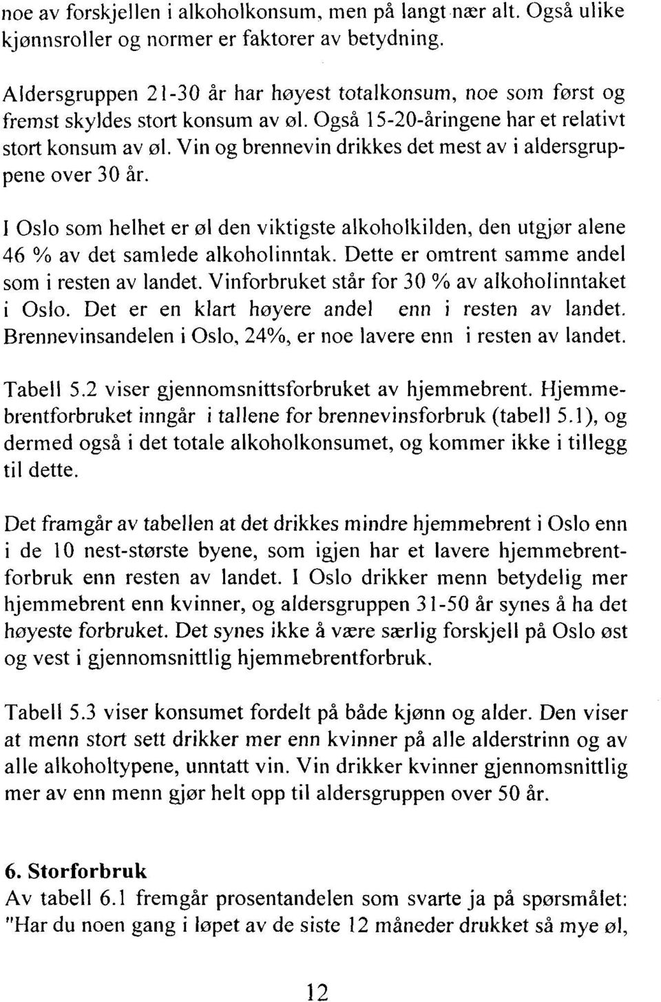 Vin og brennevin drikkes det mest av i aldersgruppene over 30 år. I Oslo som helhet er øl den viktigste alkoholkilden, den utgjør alene 46 % av det samlede alkoholinntak.