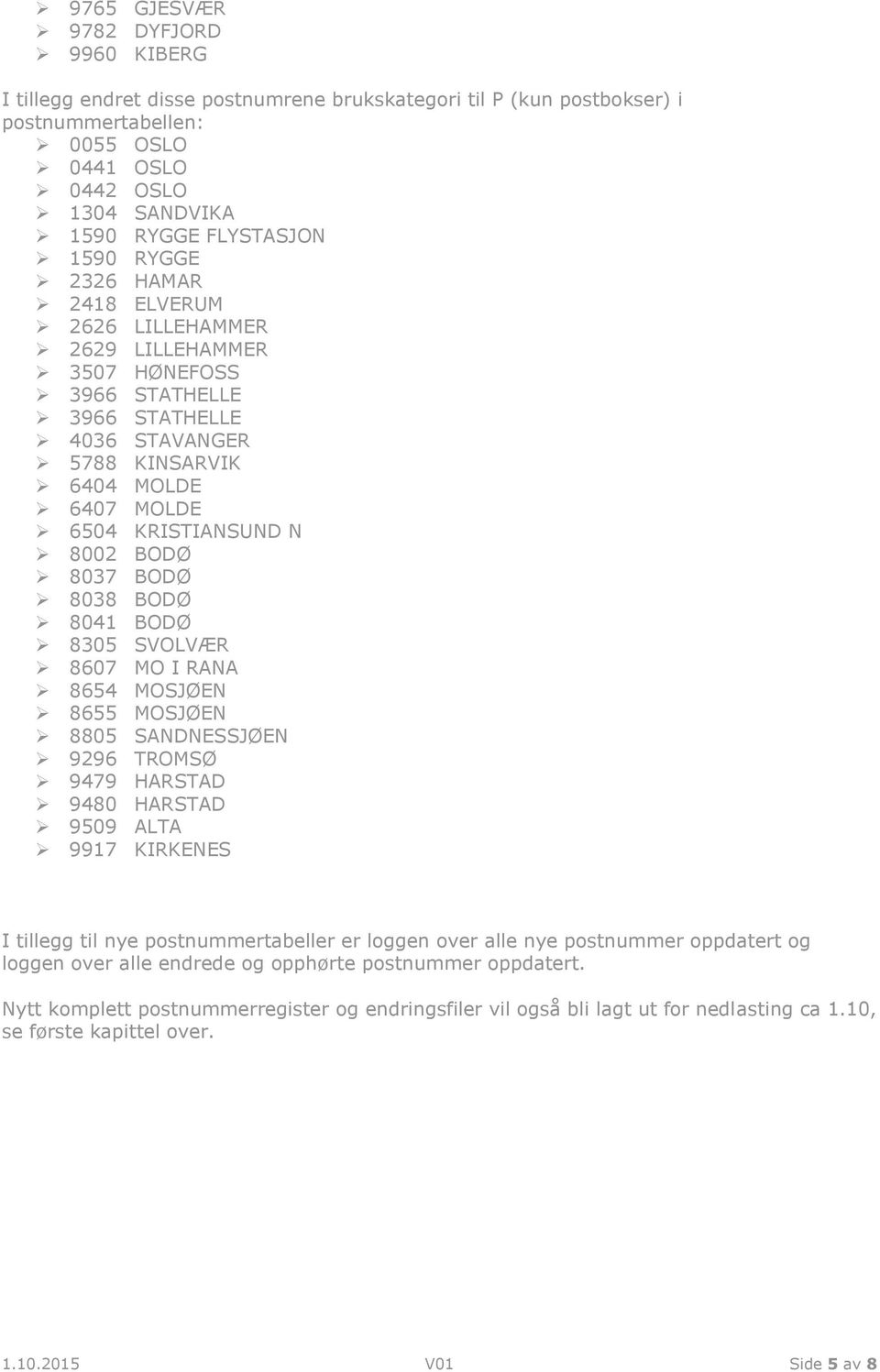 BODØ 8038 BODØ 8041 BODØ 8305 SVOLVÆR 8607 MO I RANA 8654 MOSJØEN 8655 MOSJØEN 8805 SANDNESSJØEN 9296 TROMSØ 9479 HARSTAD 9480 HARSTAD 9509 ALTA 9917 KIRKENES I tillegg til nye postnummertabeller er