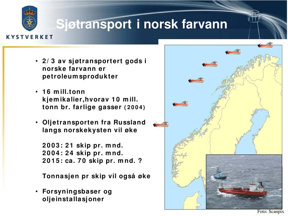 farlige gasser (2004) Oljetransporten fra Russland langs norskekysten vil øke 2003: 21 skip pr.