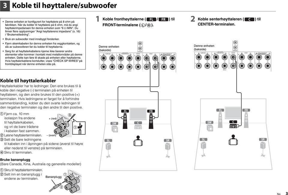 Fjern strømkabelen for denne enheten fra veggkontakten, og slå av subwooferen før du kobler til høyttalerne.