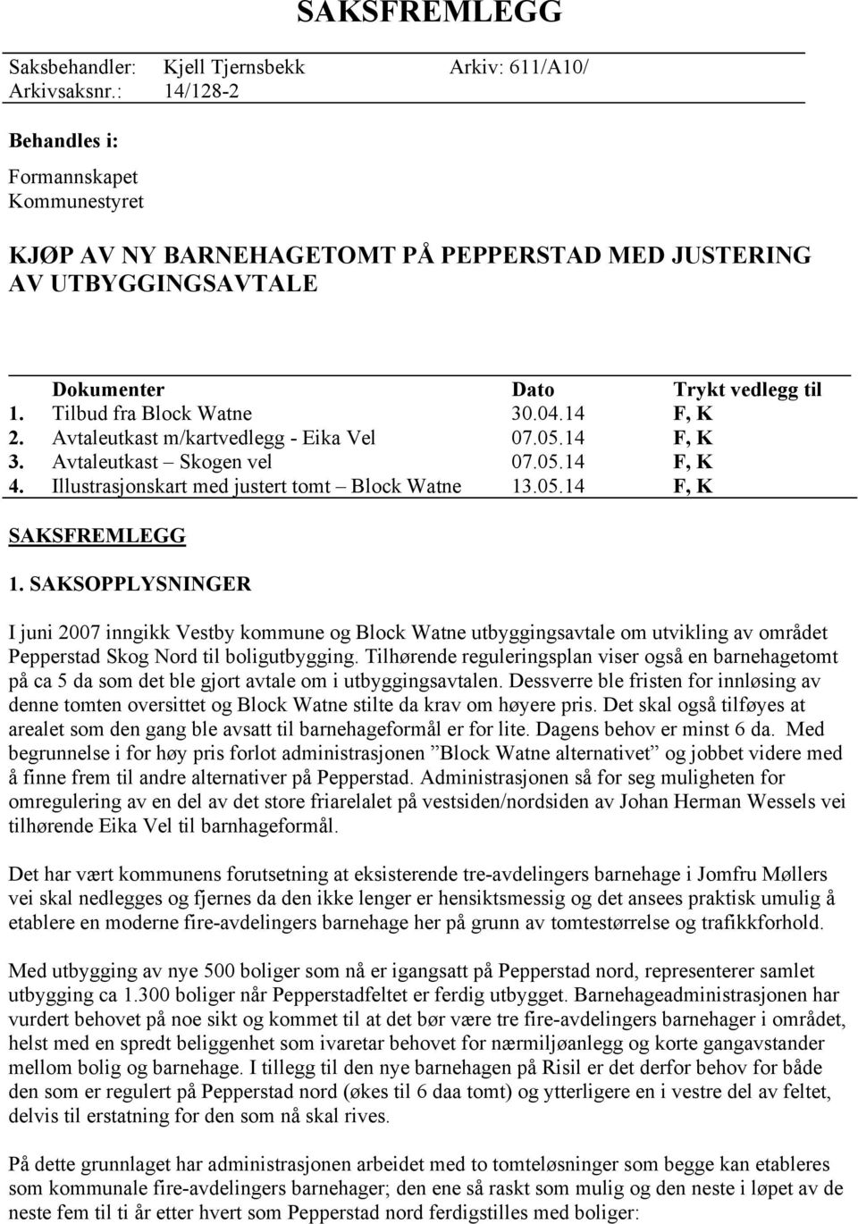 SAKSOPPLYSNINGER I juni 2007 inngikk Vestby kommune og Block Watne utbyggingsavtale om utvikling av området Pepperstad Skog Nord til boligutbygging.