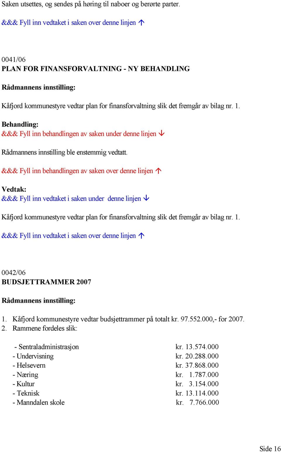 Rådmannens innstilling ble enstemmig vedtatt. Kåfjord kommunestyre vedtar plan for finansforvaltning slik det fremgår av bilag nr. 1.