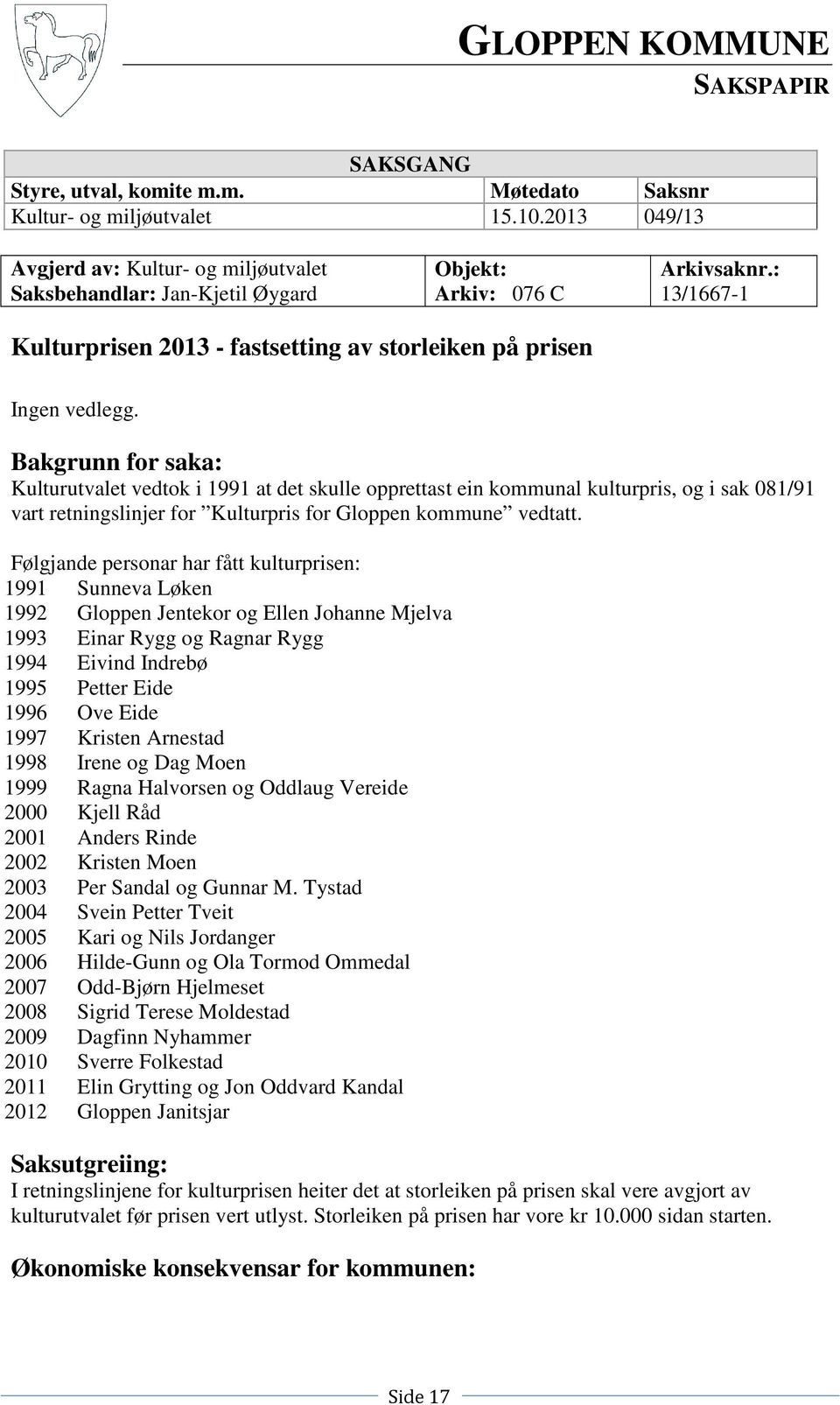 Bakgrunn for saka: Kulturutvalet vedtok i 1991 at det skulle opprettast ein kommunal kulturpris, og i sak 081/91 vart retningslinjer for Kulturpris for Gloppen kommune vedtatt.