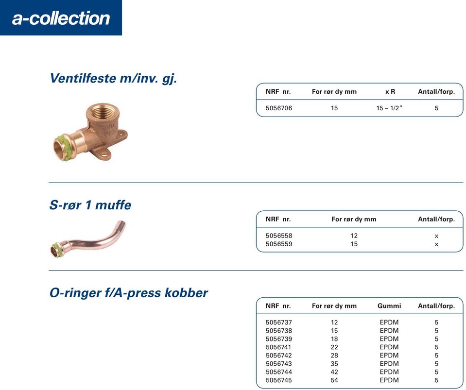 f/a-press kobber NRF nr. For rør dy mm Gummi Antall/forp.