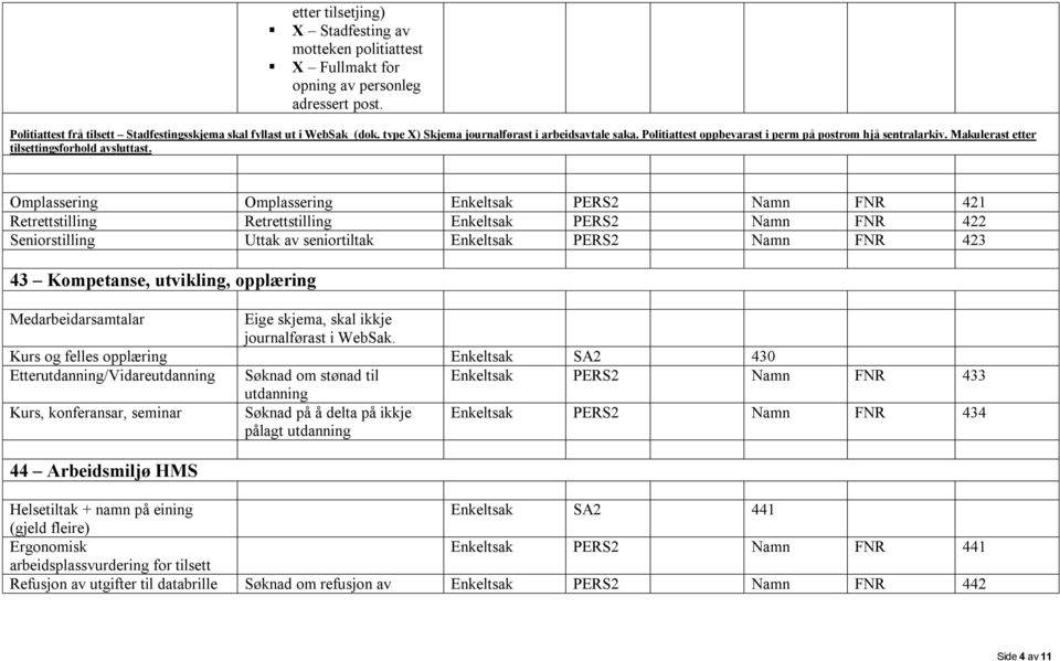 Omplassering Omplassering Enkeltsak PERS2 Namn FNR 421 Retrettstilling Retrettstilling Enkeltsak PERS2 Namn FNR 422 Seniorstilling Uttak av seniortiltak Enkeltsak PERS2 Namn FNR 423 43 Kompetanse,