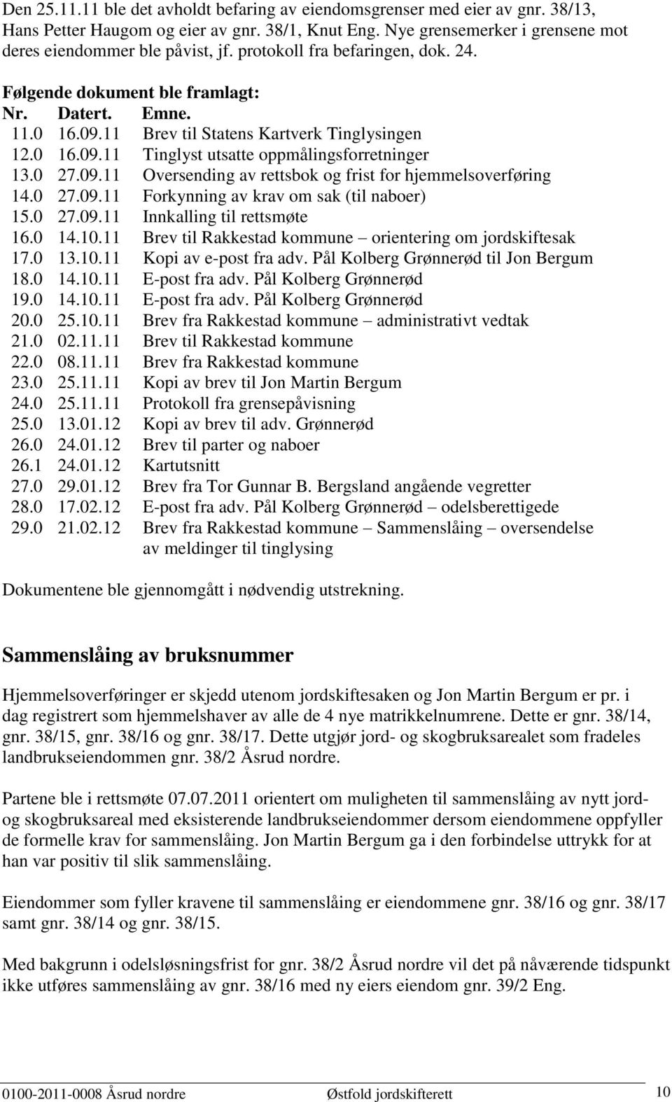 09.11 Oversending av rettsbok og frist for hjemmelsoverføring 14.0 27.09.11 Forkynning av krav om sak (til naboer) 15.0 27.09.11 Innkalling til rettsmøte 16.0 14.10.