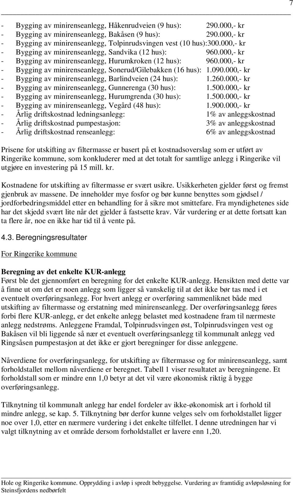 090.000,- kr - Bygging av minirenseanlegg, Barlindveien (24 hus): 1.260.000,- kr - Bygging av minirenseanlegg, Gunnerenga (30 hus): 1.500.