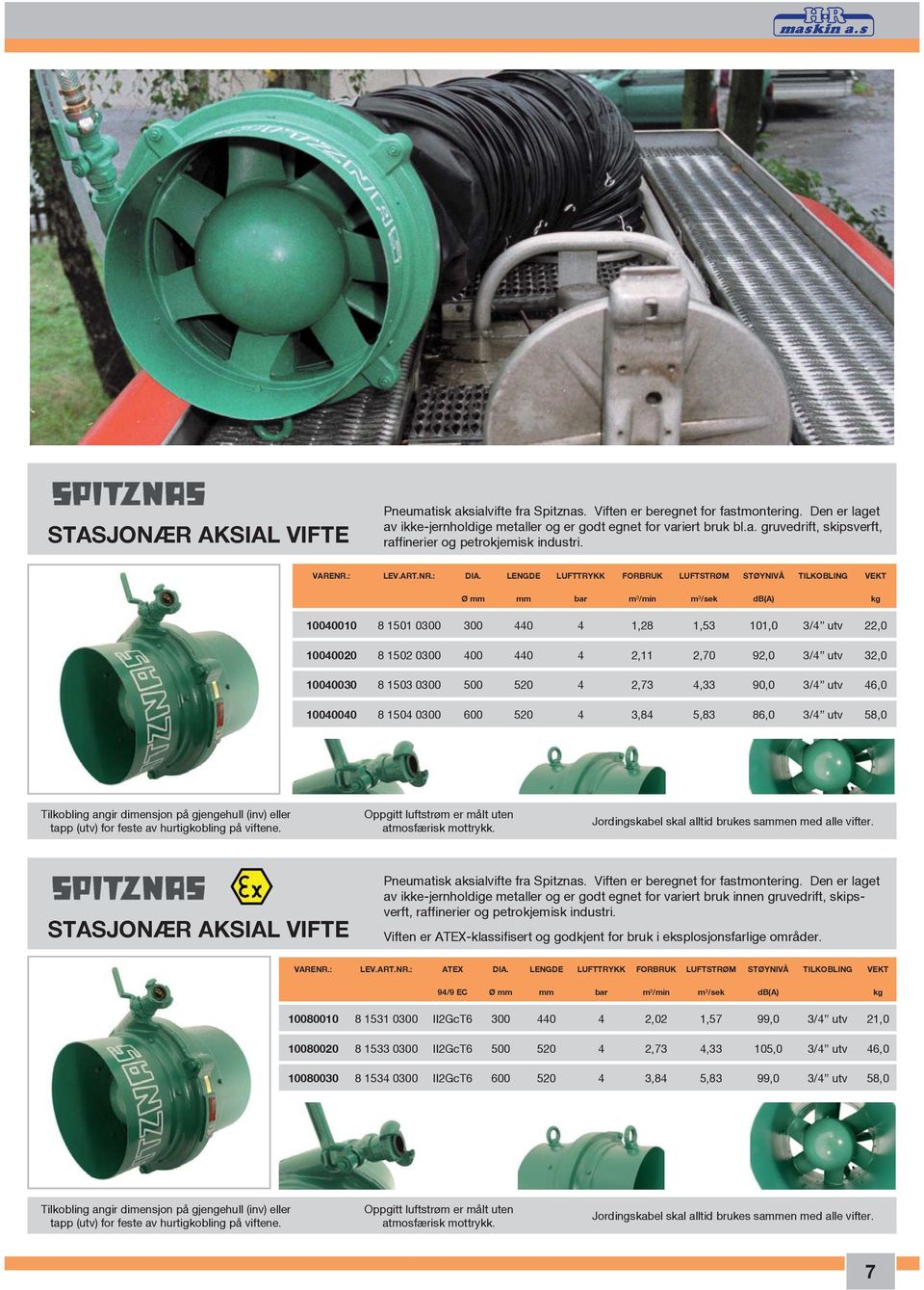 LENGDE LUFTTRYKK FORBRUK LUFTSTRØM STØYNIVÅ TILKOBLING VEKT Ø mm mm bar m³/min m³/sek db(a) kg 10040010 8 1501 0300 300 440 4 1,28 1,53 101,0 3/4 utv 22,0 10040020 8 1502 0300 400 440 4 2,11 2,70