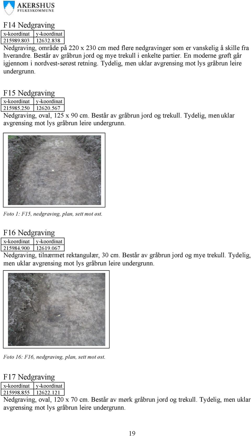 Består av gråbrun jord og trekull. Tydelig, men uklar avgrensing mot lys gråbrun leire undergrunn. Foto 1: F15, nedgraving, plan, sett mot øst. F16 Nedgraving 215984.900 12619.