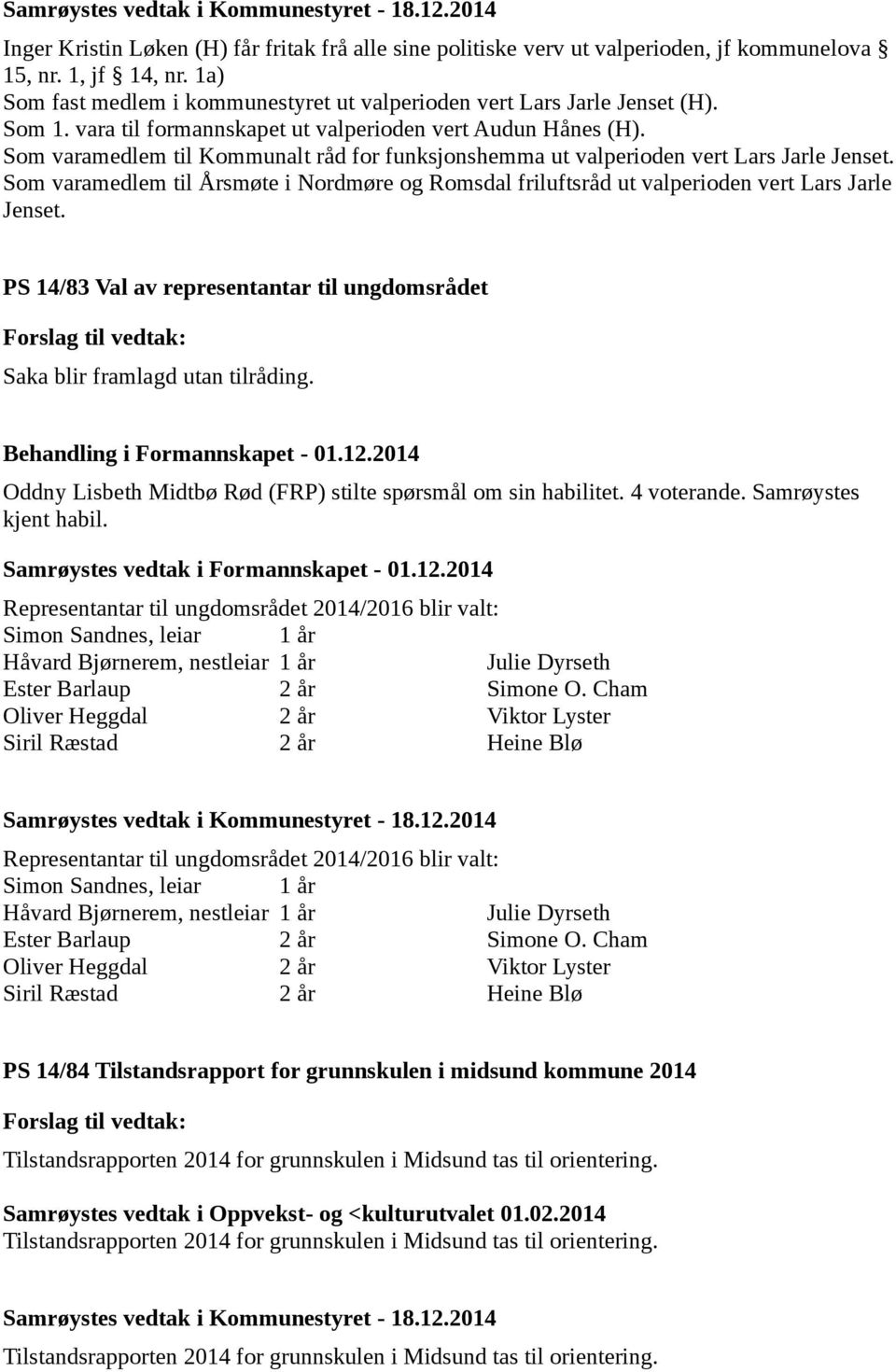 Som varamedlem til Årsmøte i Nordmøre og Romsdal friluftsråd ut valperioden vert Lars Jarle Jenset. PS 14/83 Val av representantar til ungdomsrådet Saka blir framlagd utan tilråding.