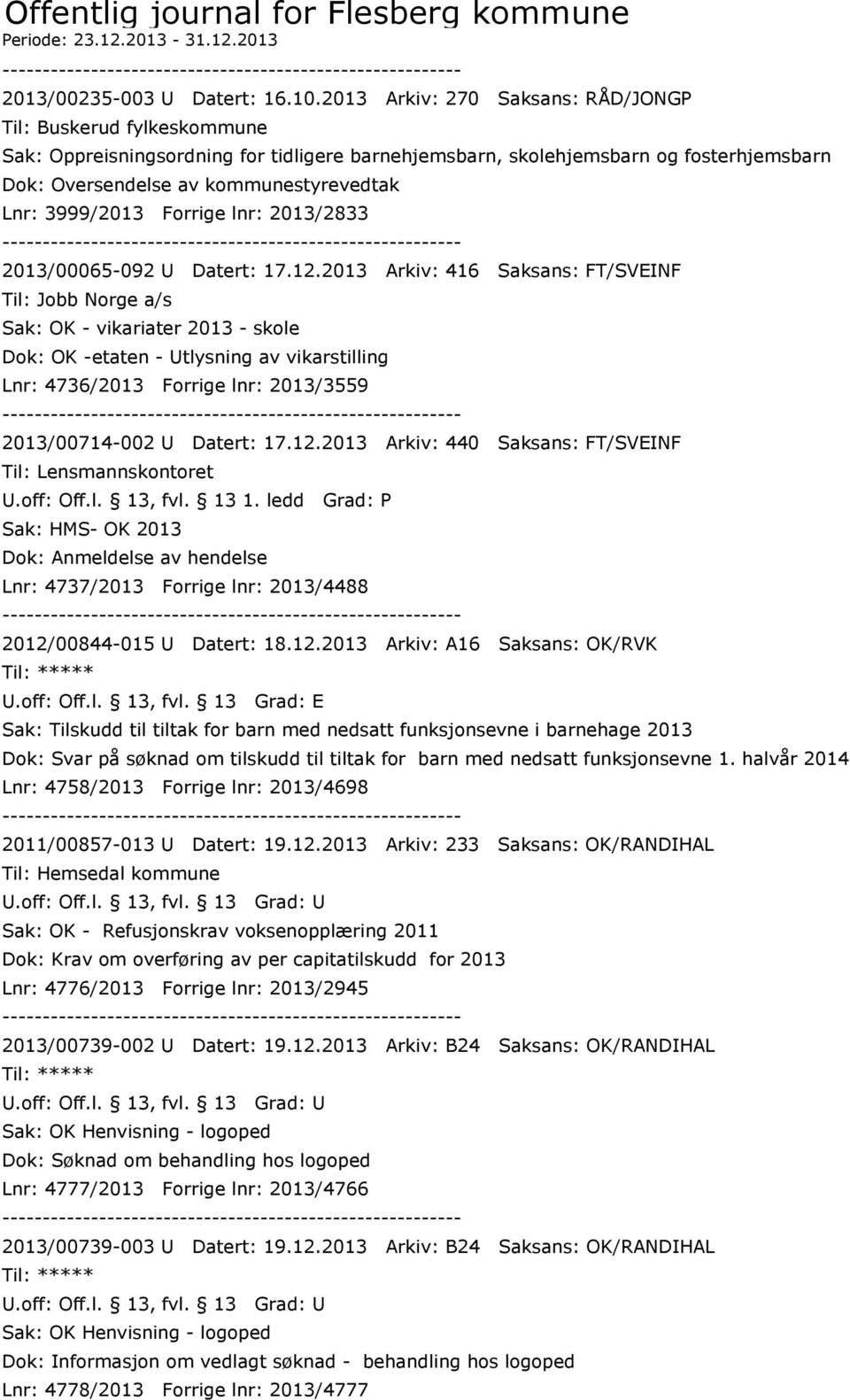 3999/2013 Forrige lnr: 2013/2833 2013/00065-092 U Datert: 17.12.