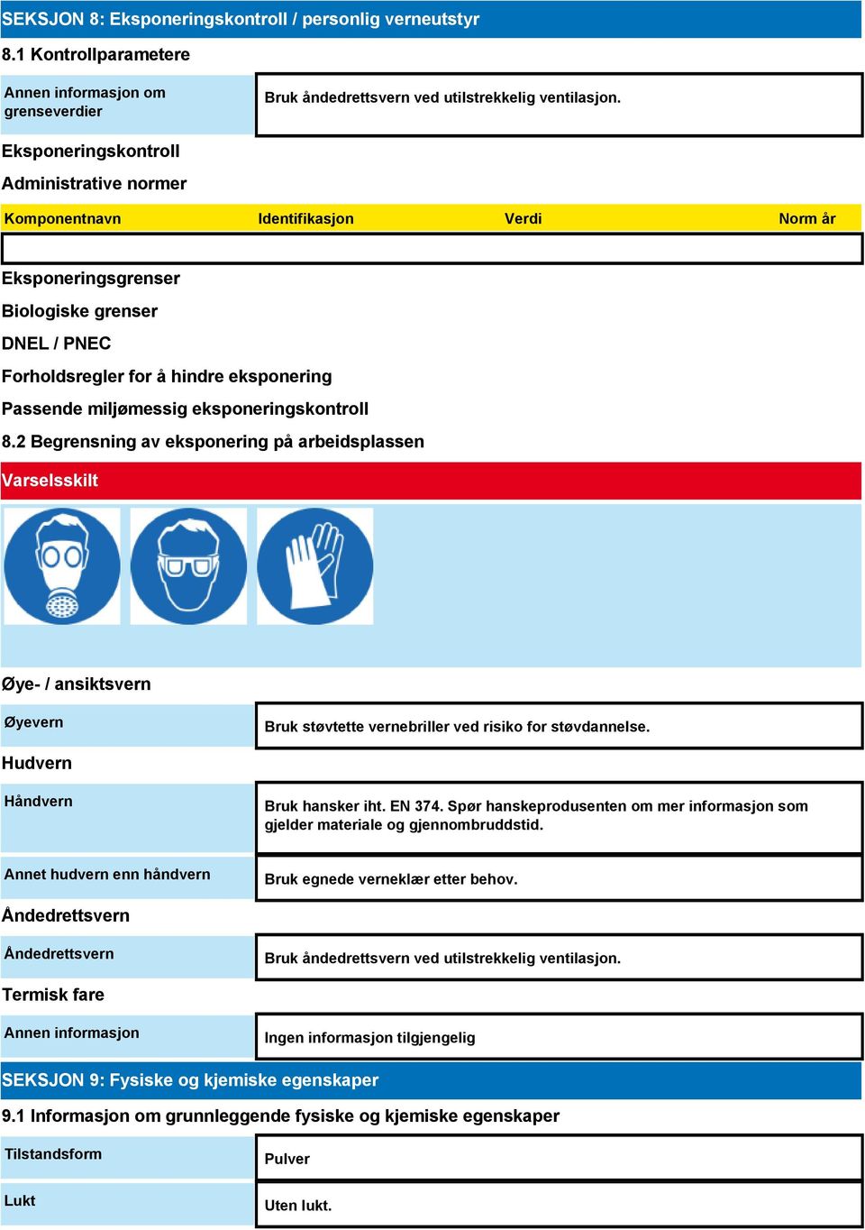 eksponeringskontroll 8.2 Begrensning av eksponering på arbeidsplassen Varselsskilt Øye- / ansiktsvern Øyevern Bruk støvtette vernebriller ved risiko for støvdannelse.