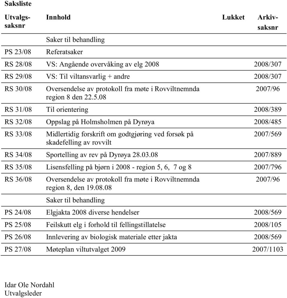 08 2007/96 RS 31/08 Til orientering 2008/389 RS 32/08 Oppslag på Holmsholmen på Dyrøya 2008/485 RS 33/08 Midlertidig forskrift om godtgjøring ved forsøk på skadefelling av rovvilt 2007/569 RS 34/08