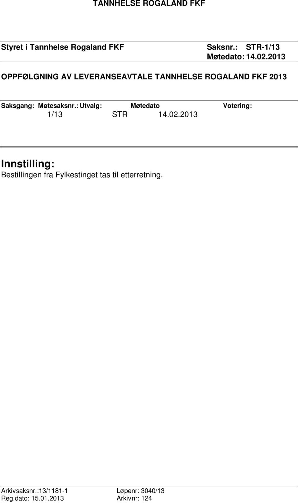 : Utvalg: Møtedato Votering: 1/13 STR 14.02.