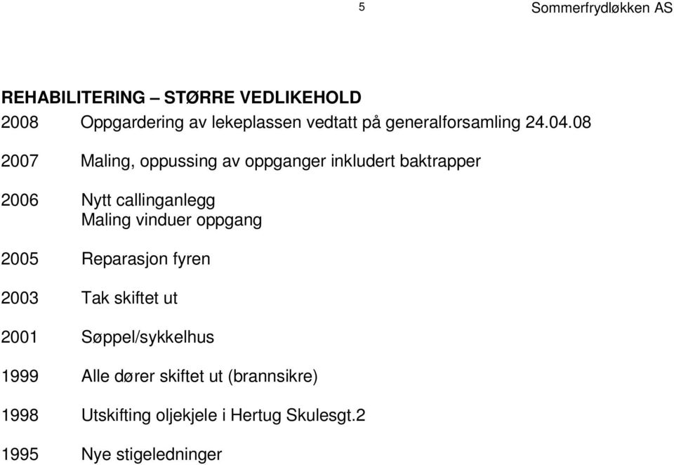 2 0 0 7 M a l i n g ppussing, o av oppganger inkludert baktrapper 2 0 0 6 N y t t c a l l i n g a n l e g g M a l i n g v i n d u e r o p