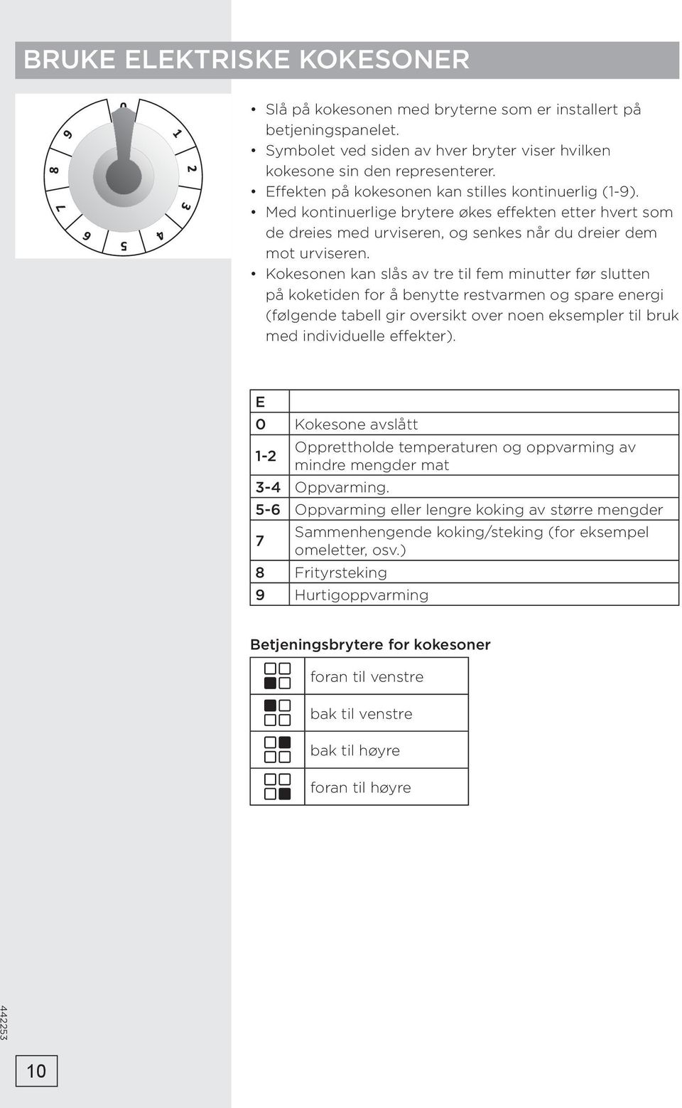 Kokesonen kan slås av tre til fem minutter før slutten på koketiden for å benytte restvarmen og spare energi (følgende tabell gir oversikt over noen eksempler til bruk med individuelle effekter).