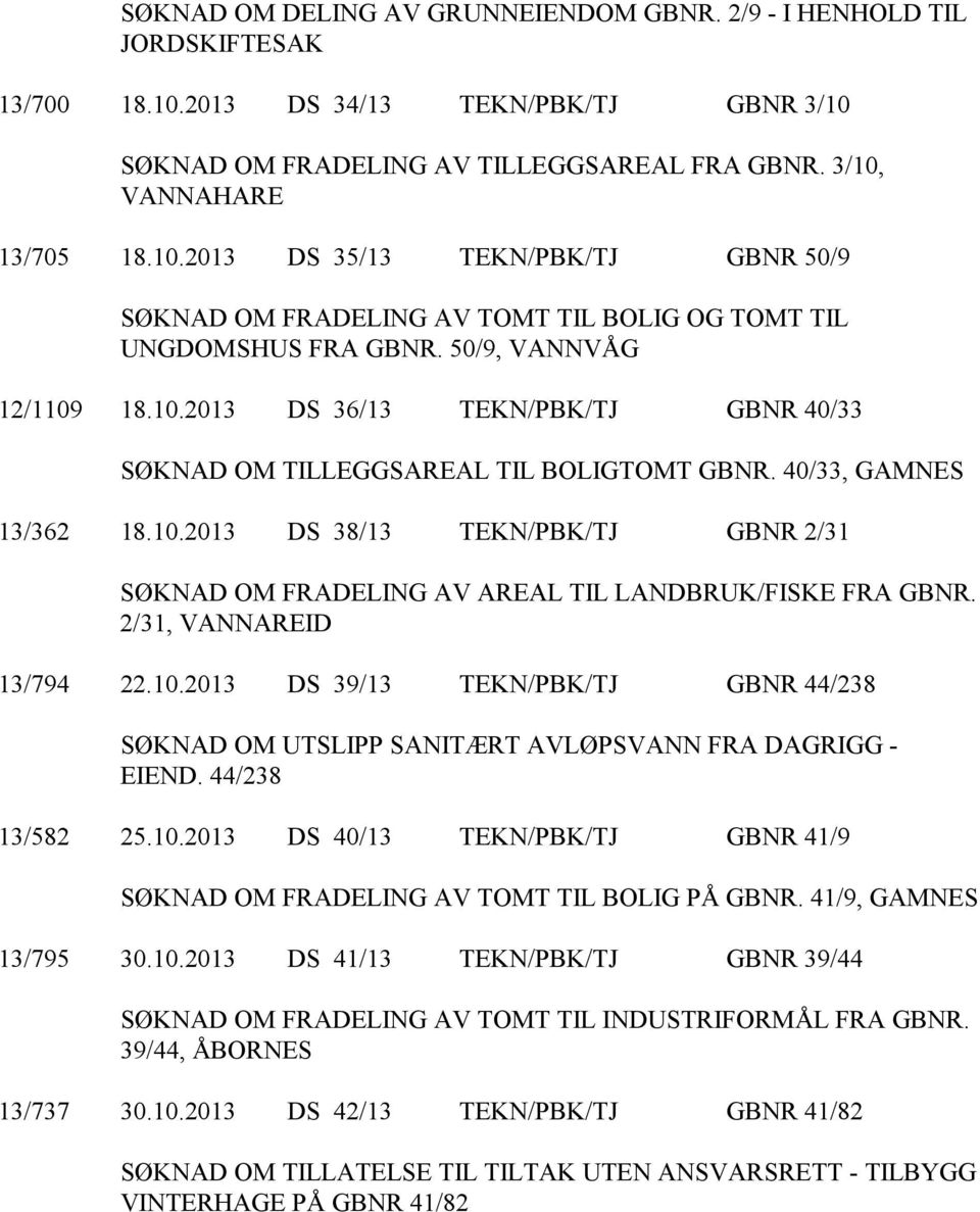 2/31, VANNAREID 13/794 22.10.2013 DS 39/13 TEKN/PBK/TJ GBNR 44/238 SØKNAD OM UTSLIPP SANITÆRT AVLØPSVANN FRA DAGRIGG - EIEND. 44/238 13/582 25.10.2013 DS 40/13 TEKN/PBK/TJ GBNR 41/9 SØKNAD OM FRADELING AV TOMT TIL BOLIG PÅ GBNR.