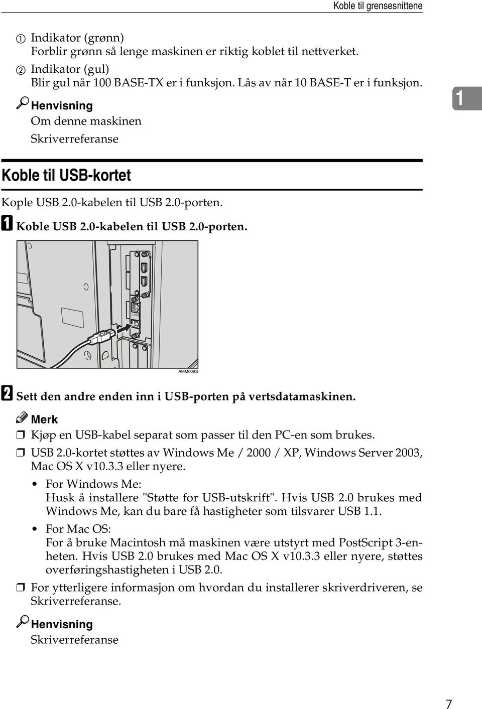 A Koble USB 2.0-kabelen til USB 2.0-porten. AMM009S B Sett den andre enden inn i USB-porten på vertsdatamaskinen. Merk Kjøp en USB-kabel separat som passer til den PC-en som brukes. USB 2.0-kortet støttes av Windows Me / 2000 / XP, Windows Server 2003, Mac OS X v10.