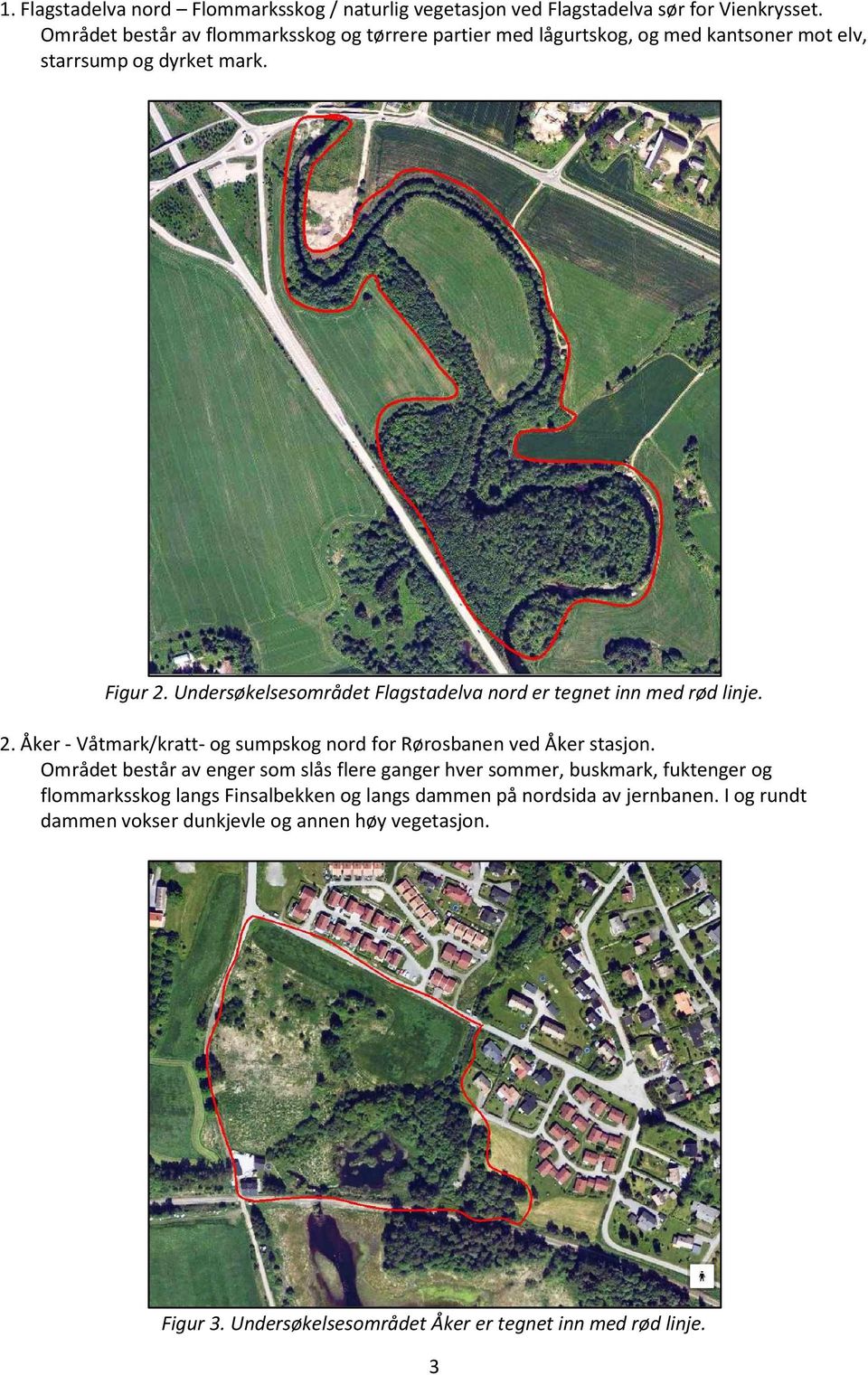 Undersøkelsesområdet Flagstadelva nord er tegnet inn med rød linje. 2. Åker - Våtmark/kratt- og sumpskog nord for Rørosbanen ved Åker stasjon.