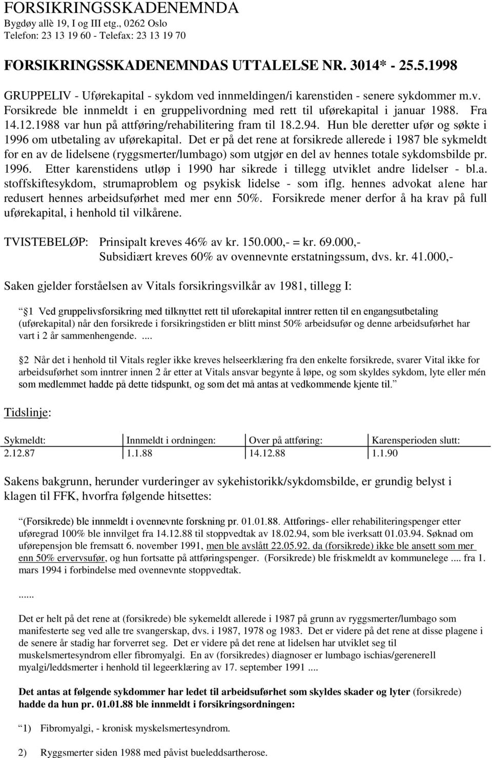 1988 var hun på attføring/rehabilitering fram til 18.2.94. Hun ble deretter ufør og søkte i 1996 om utbetaling av uførekapital.