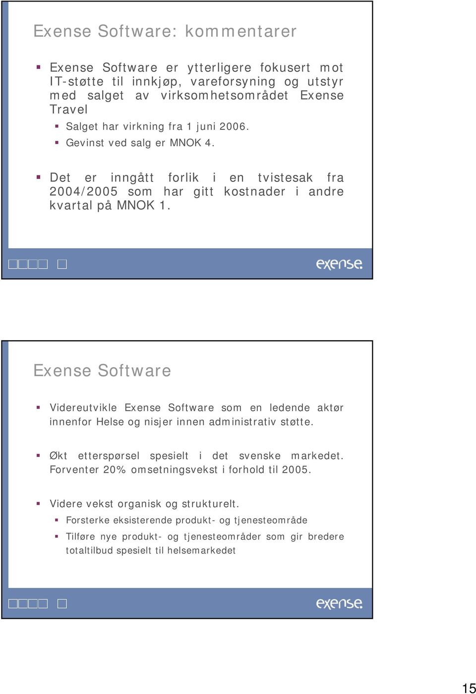 Exense Software Videreutvikle Exense Software som en ledende aktør innenfor Helse og nisjer innen administrativ støtte. Økt etterspørsel spesielt i det svenske markedet.