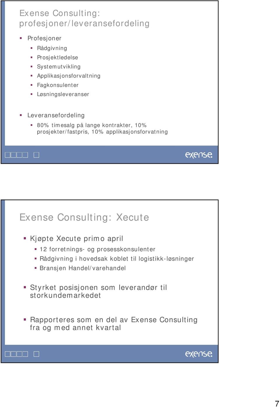 Exense Consulting: Xecute Kjøpte Xecute primo april 12 forretnings- og prosesskonsulenter Rådgivning i hovedsak koblet til