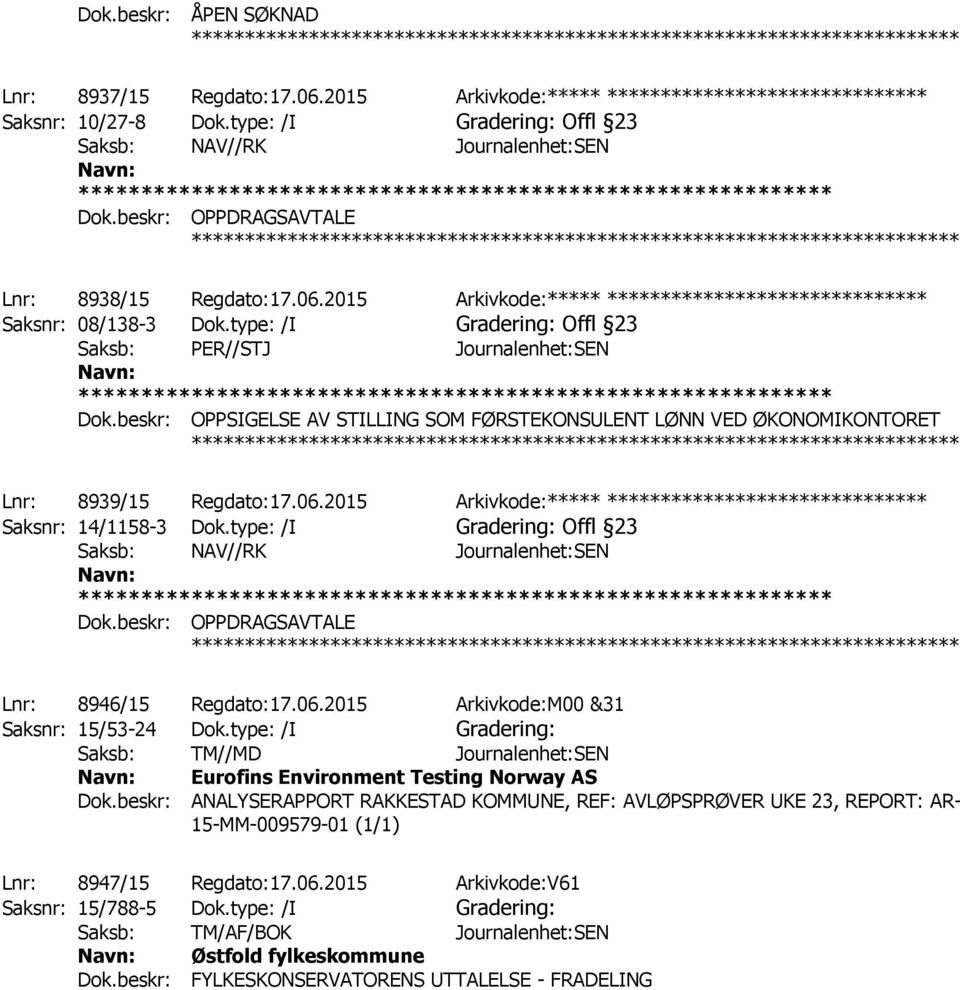 beskr: OPPSIGELSE AV STILLING SOM FØRSTEKONSULENT LØNN VED ØKONOMIKONTORET ************ Lnr: 8939/15 Regdato:17.06.2015 Arkivkode:***** ****************************** Saksnr: 14/1158-3 Dok.