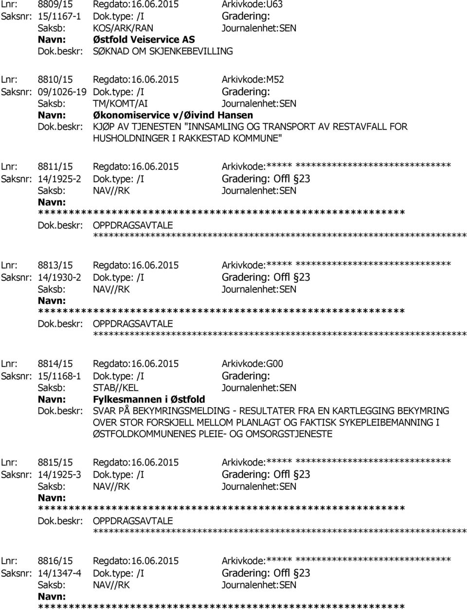 beskr: KJØP AV TJENESTEN "INNSAMLING OG TRANSPORT AV RESTAVFALL FOR HUSHOLDNINGER I RAKKESTAD KOMMUNE" ************ Lnr: 8811/15 Regdato:16.06.