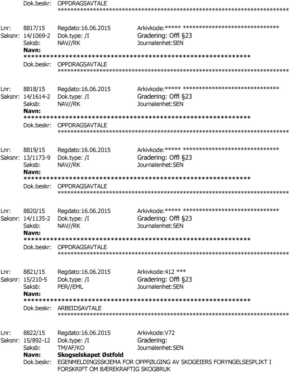 type: /I Offl 23 ************ Lnr: 8821/15 Regdato:16.06.2015 Arkivkode:412 *** Saksnr: 15/210-5 Dok.type: /I Offl 23 Dok.beskr: ARBEIDSAVTALE Lnr: 8822/15 Regdato:16.06.2015 Arkivkode:V72 Saksnr: 15/892-12 Dok.