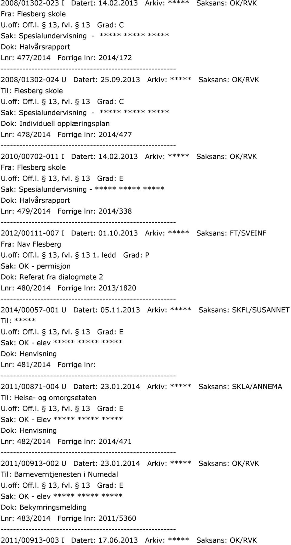 02.2013 Arkiv: ***** Saksans: OK/RVK Fra: Flesberg skole Sak: Spesialundervisning - ***** ***** ***** Dok: Halvårsrapport Lnr: 479/2014 Forrige lnr: 2014/338 2012/00111-007 I Datert: 01.10.