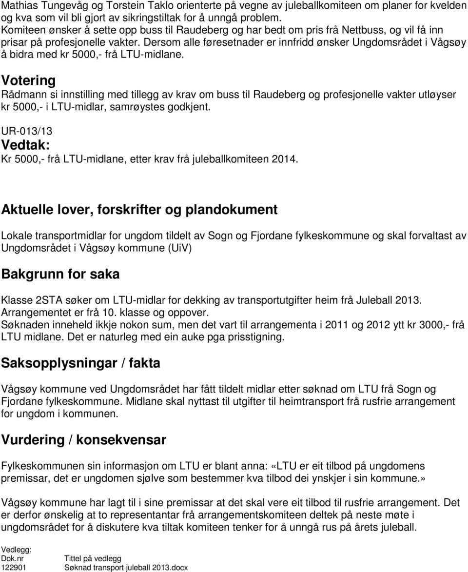 Dersom alle føresetnader er innfridd ønsker Ungdomsrådet i Vågsøy å bidra med kr 5000,- frå LTU-midlane.