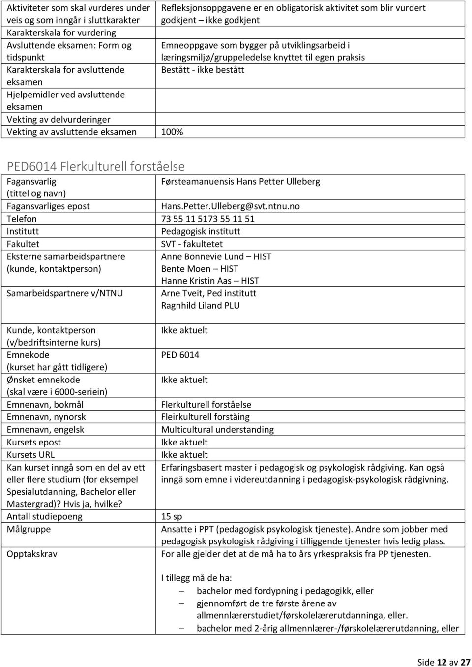 læringsmiljø/gruppeledelse knyttet til egen praksis Bestått - ikke bestått PED6014 Flerkulturell forståelse Fagansvarlig Førsteamanuensis Hans Petter Ulleberg (tittel og navn) Fagansvarliges epost