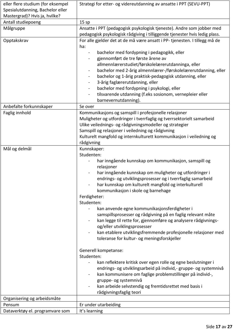 programvare som Strategi for etter- og videreutdanning av ansatte i PPT (SEVU-PPT) 15 sp Ansatte i PPT (pedagogisk psykologisk tjeneste).