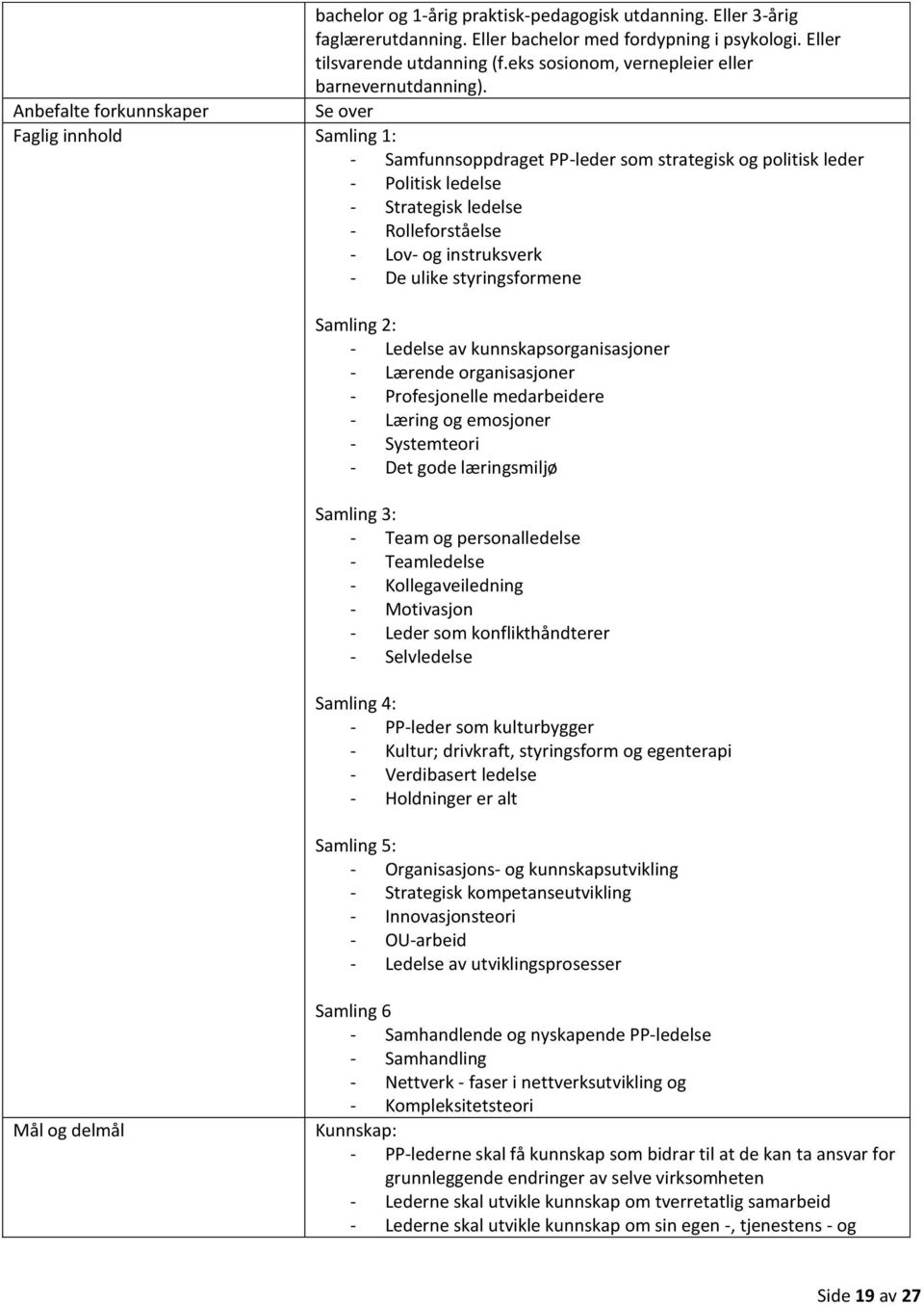 Anbefalte forkunnskaper Se over Faglig innhold Samling 1: - Samfunnsoppdraget PP-leder som strategisk og politisk leder - Politisk ledelse - Strategisk ledelse - Rolleforståelse - Lov- og