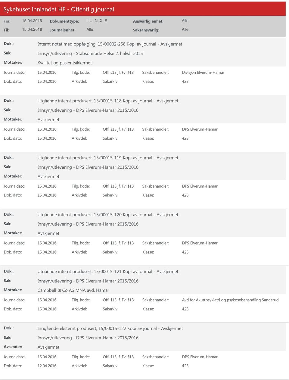 dato: Arkivdel: Sakarkiv Utgående internt produsert, 15/00015-119 Kopi av journal - Innsyn/utlevering - DPS Elverum-Hamar 2015/2016 DPS Elverum-Hamar Dok.