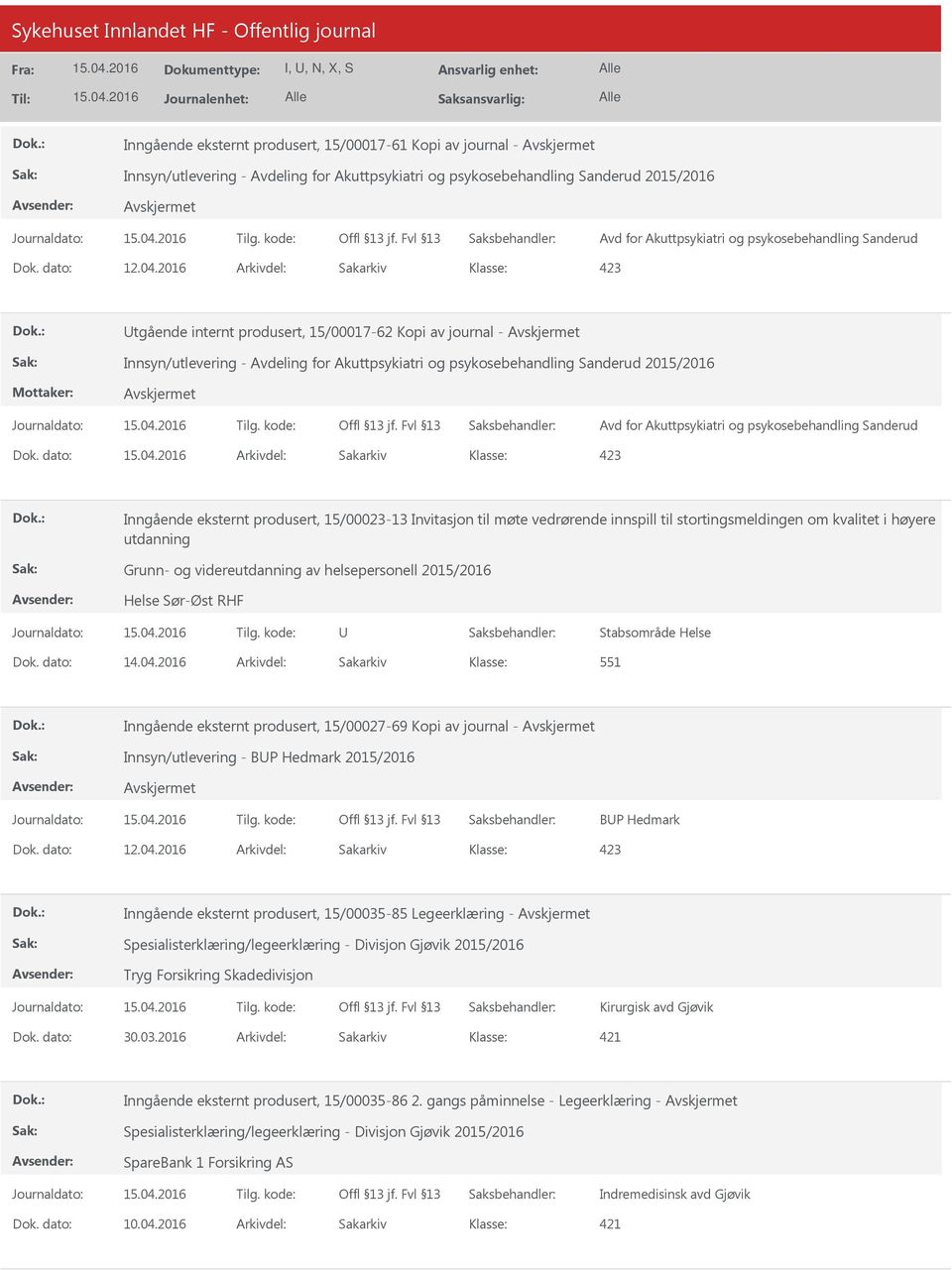 2016 Arkivdel: Sakarkiv Utgående internt produsert, 15/00017-62 Kopi av journal - Innsyn/utlevering - Avdeling for Akuttpsykiatri og psykosebehandling Sanderud 2015/2016 Avd for Akuttpsykiatri og