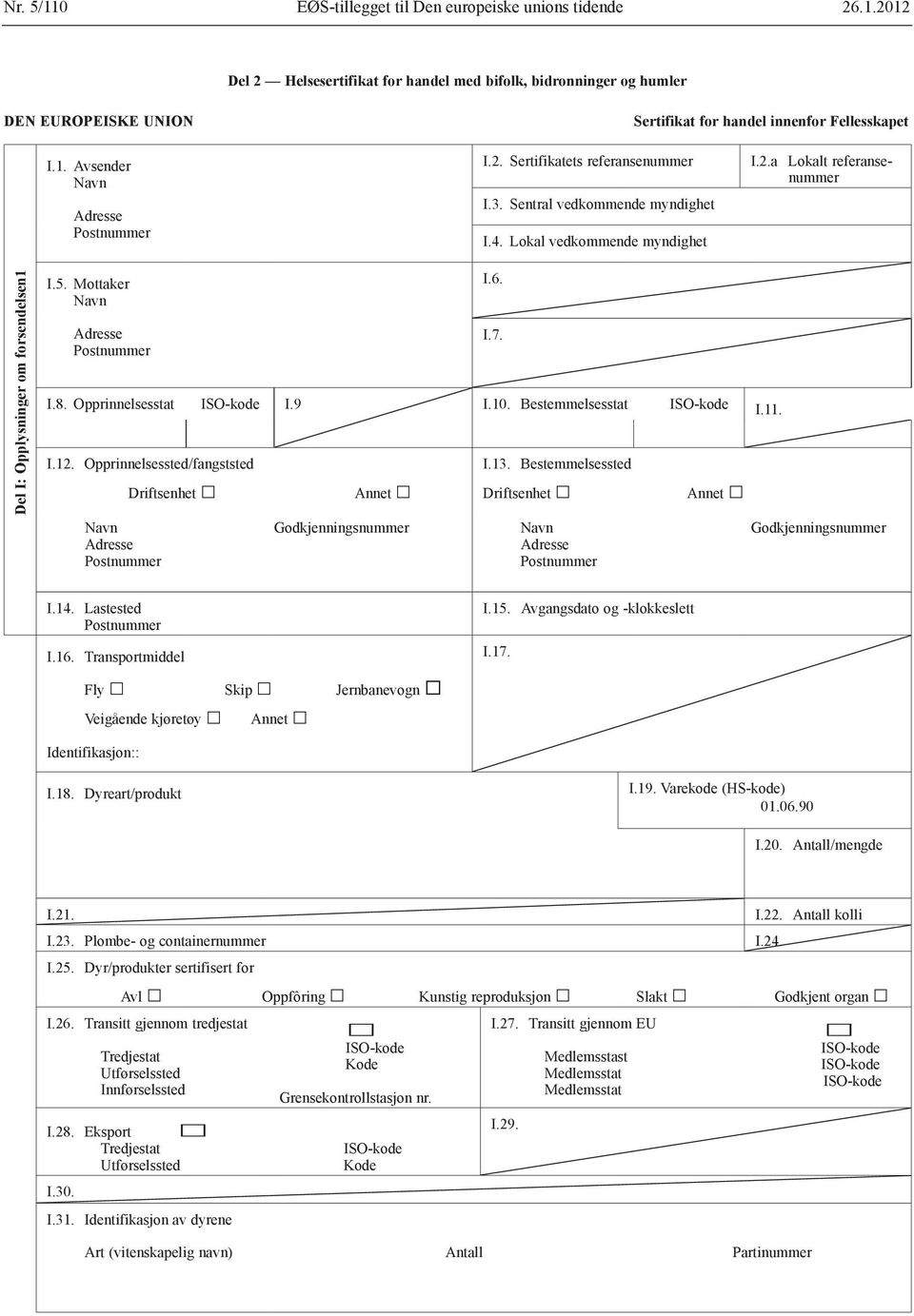 Opprinnelsesstat I.9 I.10. Bestemmelsesstat I.11. I.12. Opprinnelsessted/fangststed Driftsenhet Annet I.6. I.7. I.13. Bestemmelsessted Driftsenhet Annet I.14. Lastested I.16.