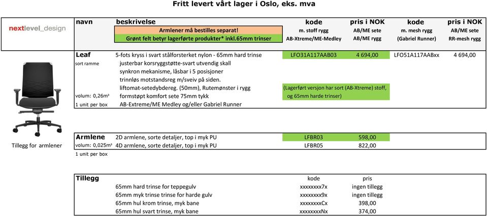 justerbar korsryggstøtte-svart utvendig skall synkron mekanisme, låsbar i 5 posisjoner liftomat-setedybdereg.