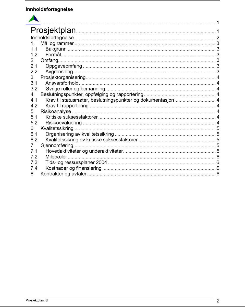 .. 4 4.2 Krav til rapportering... 4 5 Risikoanalyse... 4 5.1 Kritiske suksessfaktorer... 4 5.2 Risikoevaluering... 4 6 Kvalitetssikring... 5 6.1 Organisering av kvalitetssikring... 5 6.2 Kvalitetssikring av kritiske suksessfaktorer.