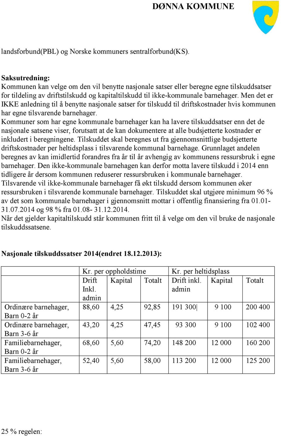 Men det er IKKE anledning til å benytte nasjonale satser for tilskudd til driftskostnader hvis kommunen har egne tilsvarende barnehager.