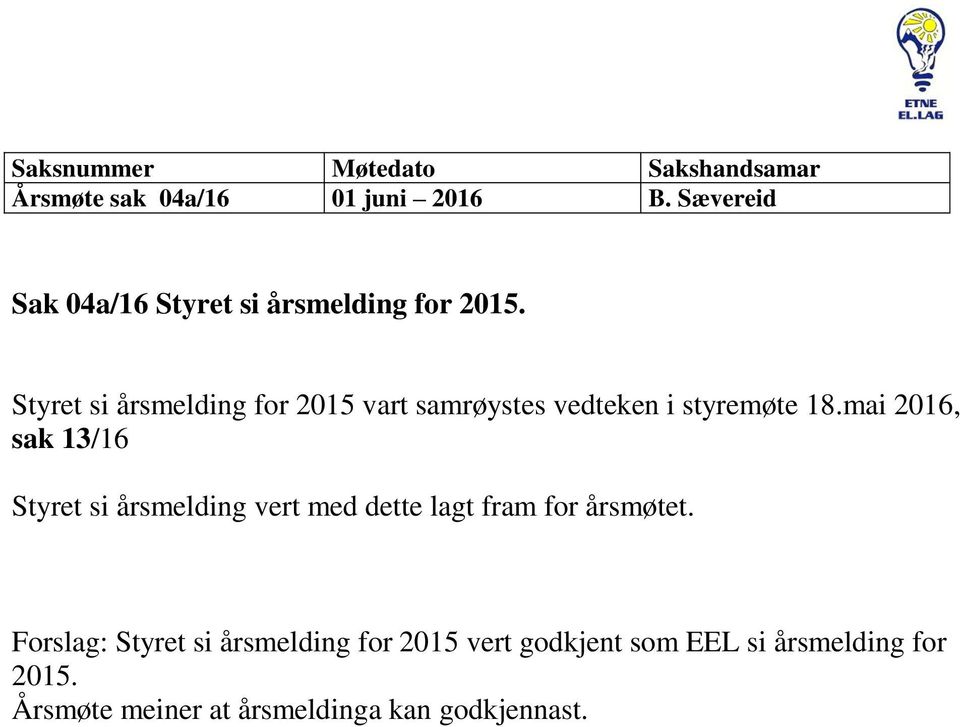 mai 2016, sak 13/16 Styret si årsmelding vert med dette lagt fram for årsmøtet.