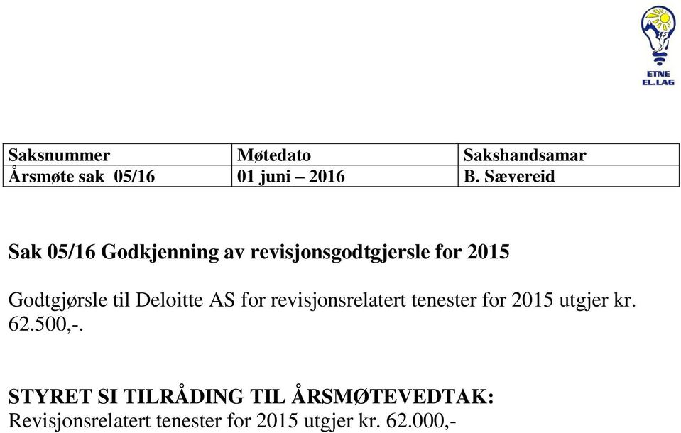 Godtgjørsle til Deloitte AS for revisjonsrelatert tenester for 2015