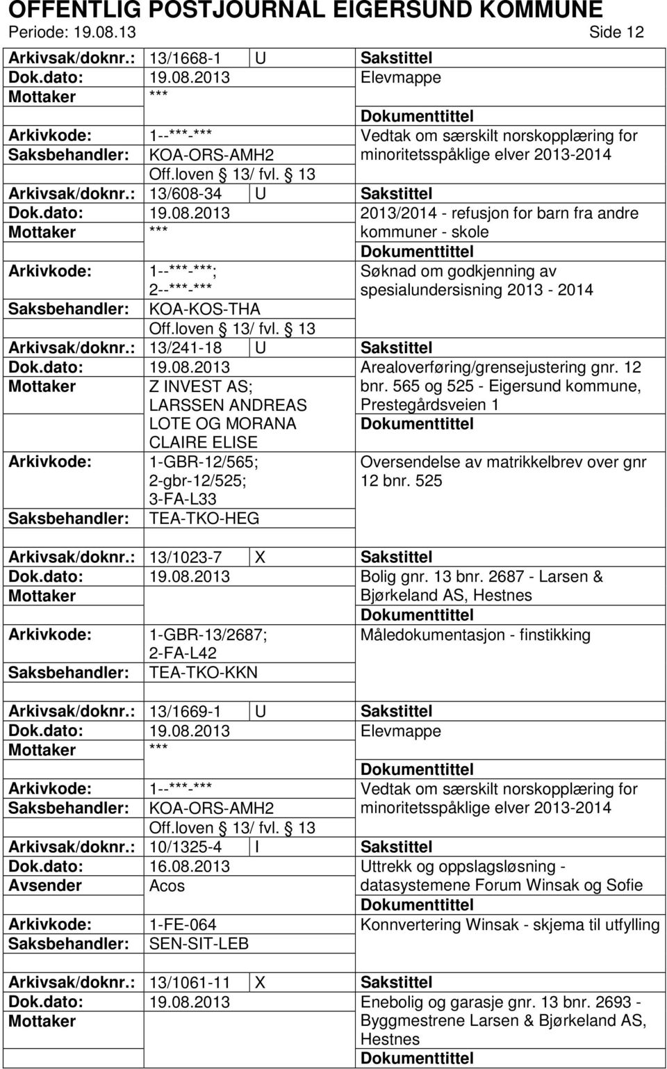 : 13/241-18 U Sakstittel Arealoverføring/grensejustering gnr. 12 Z INVEST AS; LARSSEN ANDREAS LOTE OG MORANA bnr.