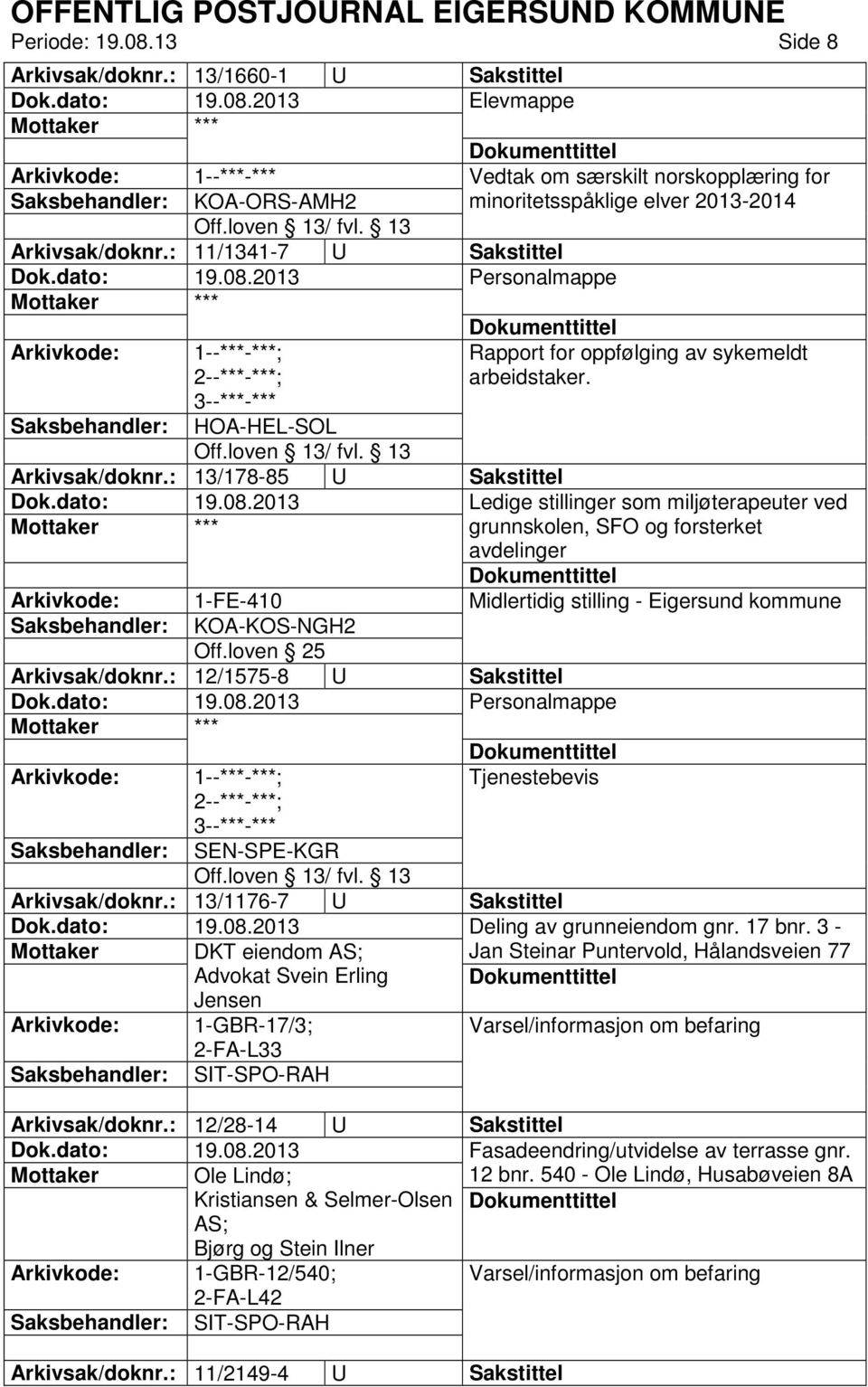 : 13/178-85 U Sakstittel Ledige stillinger som miljøterapeuter ved grunnskolen, SFO og forsterket avdelinger 1-FE-410 Midlertidig stilling - Eigersund kommune KOA-KOS-NGH2 Off.loven 25 Arkivsak/doknr.