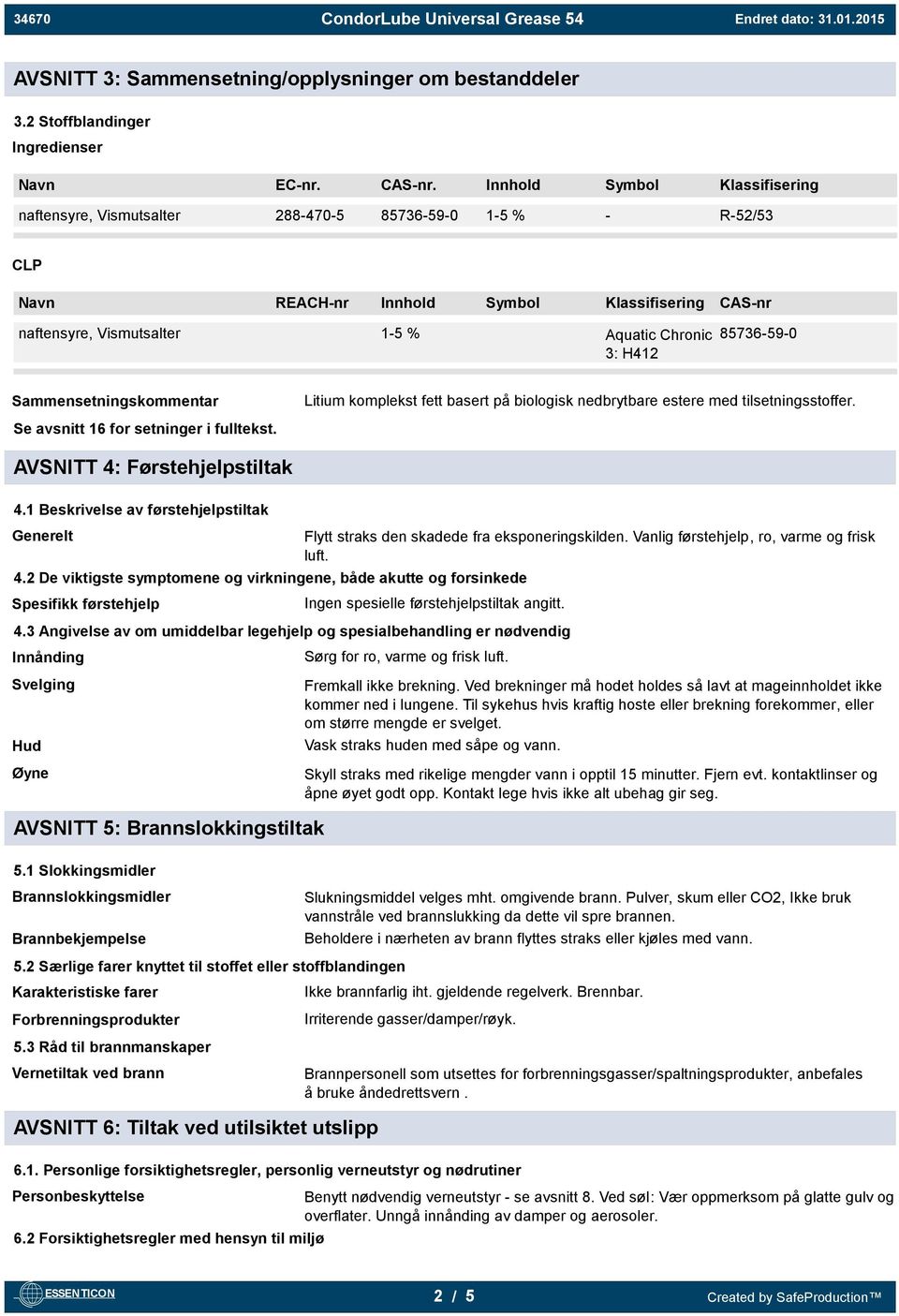 H412 85736-59-0 Sammensetningskommentar Litium komplekst fett basert på biologisk nedbrytbare estere med tilsetningsstoffer. Se avsnitt 16 for setninger i fulltekst. AVSNITT 4: Førstehjelpstiltak 4.