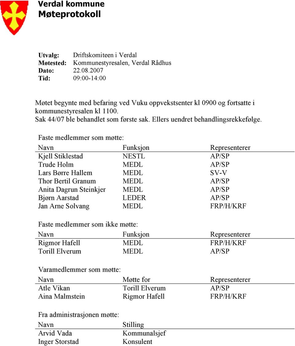 Faste medlemmer som møtte: Navn Funksjon Representerer Kjell Stiklestad NESTL AP/SP Trude Holm MEDL AP/SP Lars Børre Hallem MEDL SV-V Thor Bertil Granum MEDL AP/SP Anita Dagrun Steinkjer MEDL AP/SP